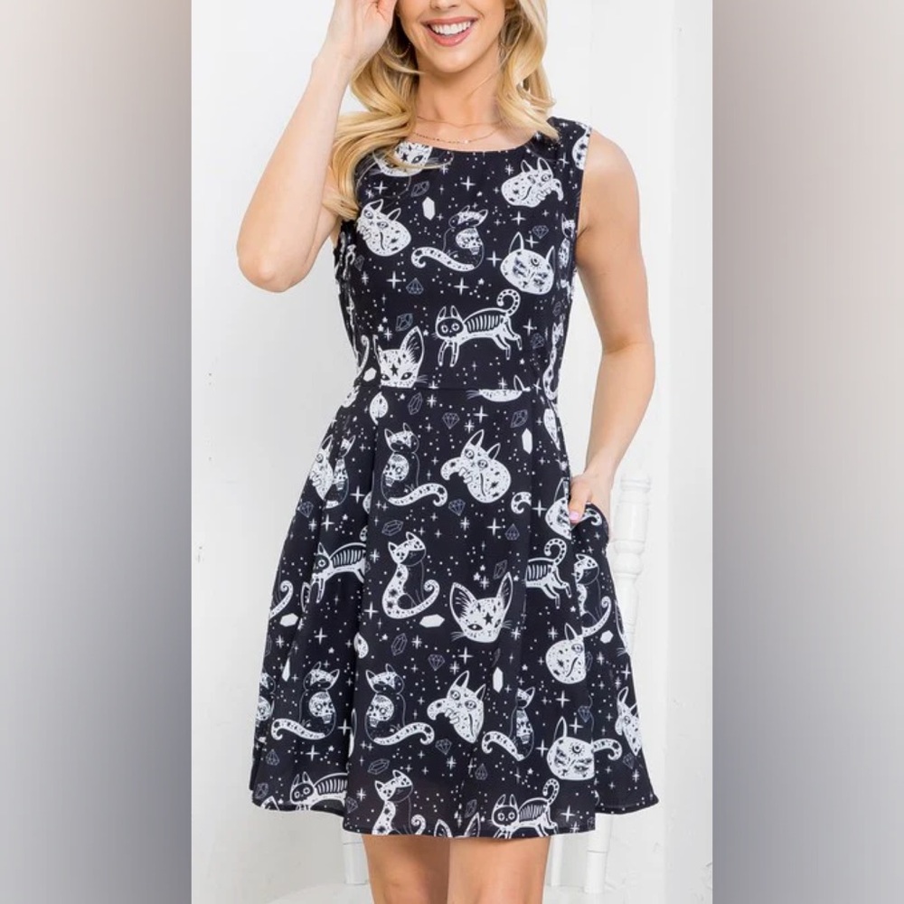 LA SOUL  Black Cats and Crystals Print Dress - S